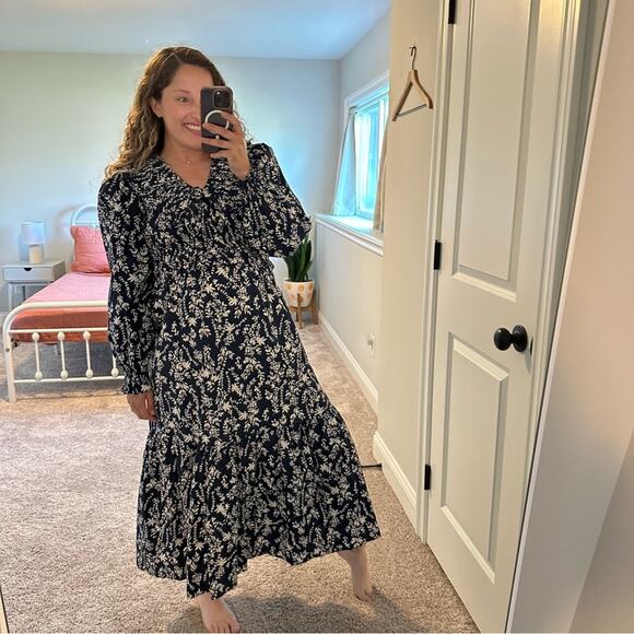 Anthropologie Moon River Navy Blue Smocked Cotton Floral Maxi Dress Small - Picture 5 of 12